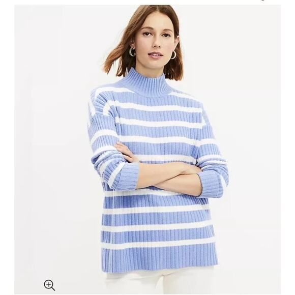 [LOFT] Blue White Striped Ribbed Knit Pullover Turtleneck Sweater Size Small S - Picture 1 of 12